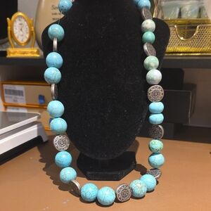 Source Unknown Turquoise Beaded Necklace with Silver Accent Discs